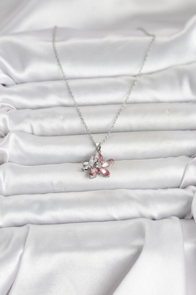 316L Çelik Zincir Gümüş Renk Pembe Lotus Model Kadın Kolye