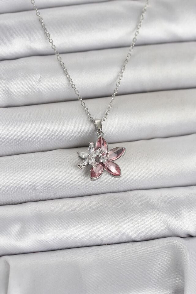 316L Çelik Zincir Gümüş Renk Pembe Lotus Model Kadın Kolye