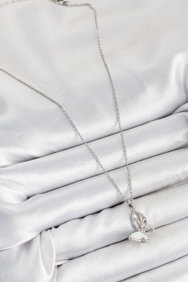 316L Çelik Zirkon Taşlı Kelebek Model Gümüş Renk Kadın Kolye