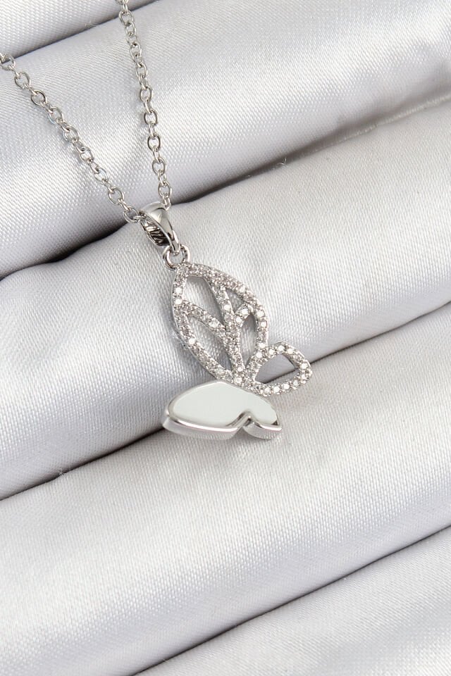 316L Çelik Zirkon Taşlı Kelebek Model Gümüş Renk Kadın Kolye