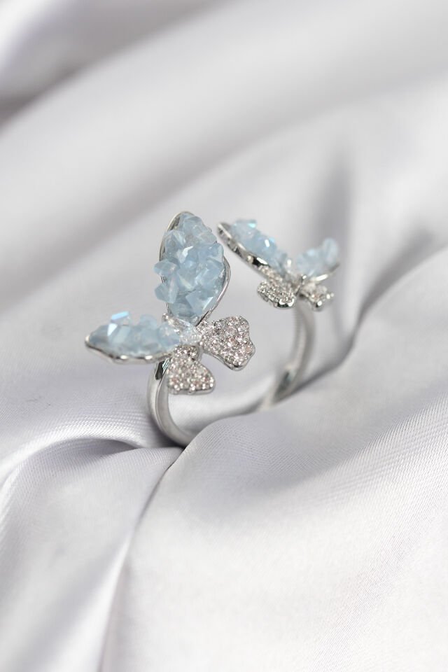 Gümüş Renk Mavi Kelebek Model Zirkon Taşlı Kadın Yüzük