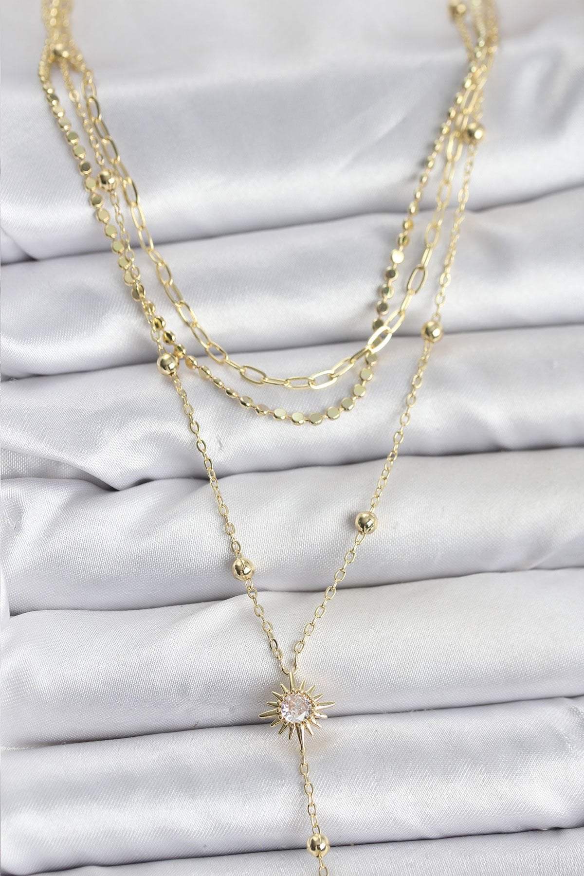 Pirinç Gold Renk Güneş Model Detaylı 3'lü Kombin Y Kadın Kolye