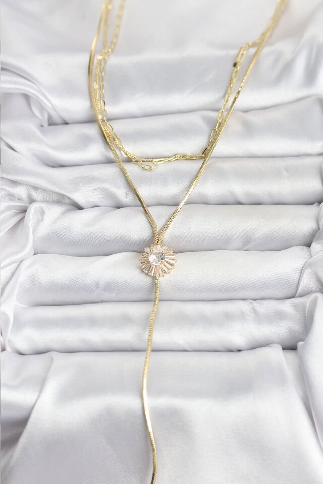 Pirinç Gold Renk Zirkon Taşlı Papatya Model Detaylı 3'lü Kombin Y Kadın Kolye