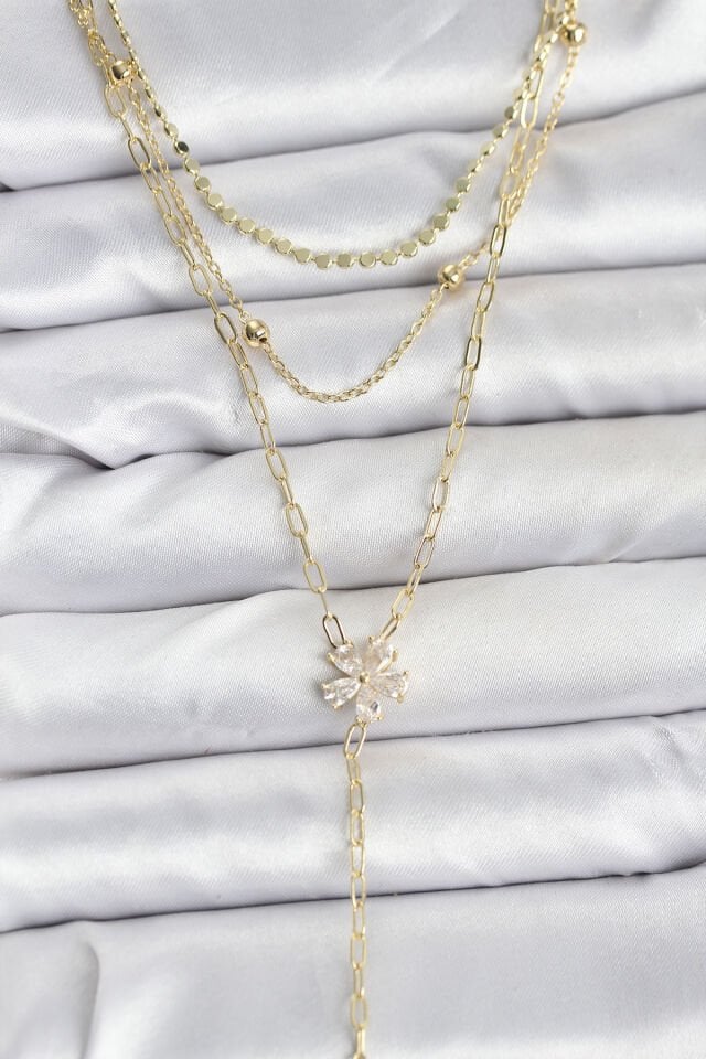 Pirinç Gold Renk Zirkon Taşlı Çiçek Model Detaylı 3'lü Kombin Y Kadın Kolye