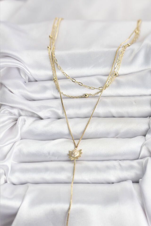 Pirinç Gold Renk Zirkon Taşlı Güneş Model Detaylı 3'lü Kombin Y Kadın Kolye