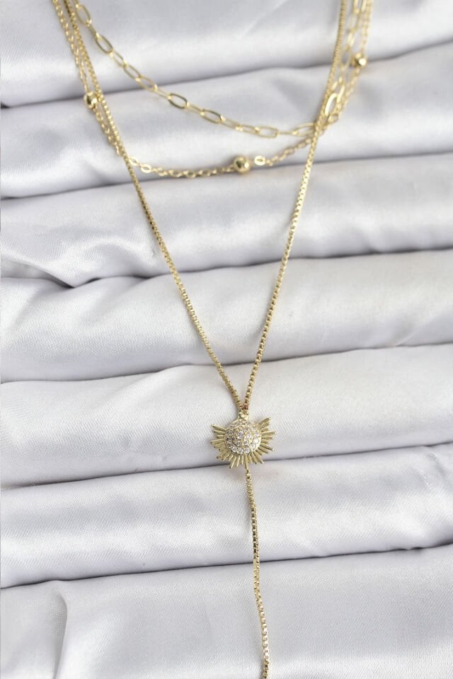 Pirinç Gold Renk Zirkon Taşlı Güneş Model Detaylı 3'lü Kombin Y Kadın Kolye