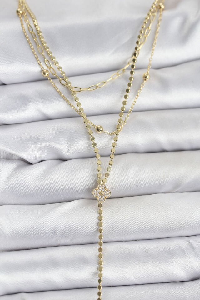 Pirinç Gold Renk Zirkon Taşlı Yonca Model Detaylı 3'lü Kombin Y Kadın Kolye