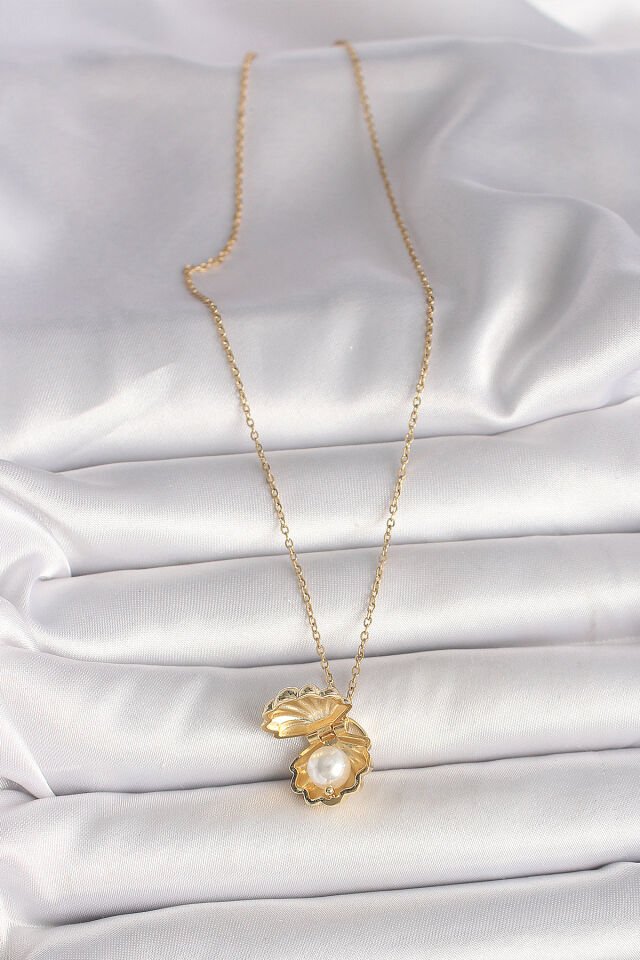 316L Çelik Gold Renk Zincir Açılır İncili Midye Model Kadın Kolye