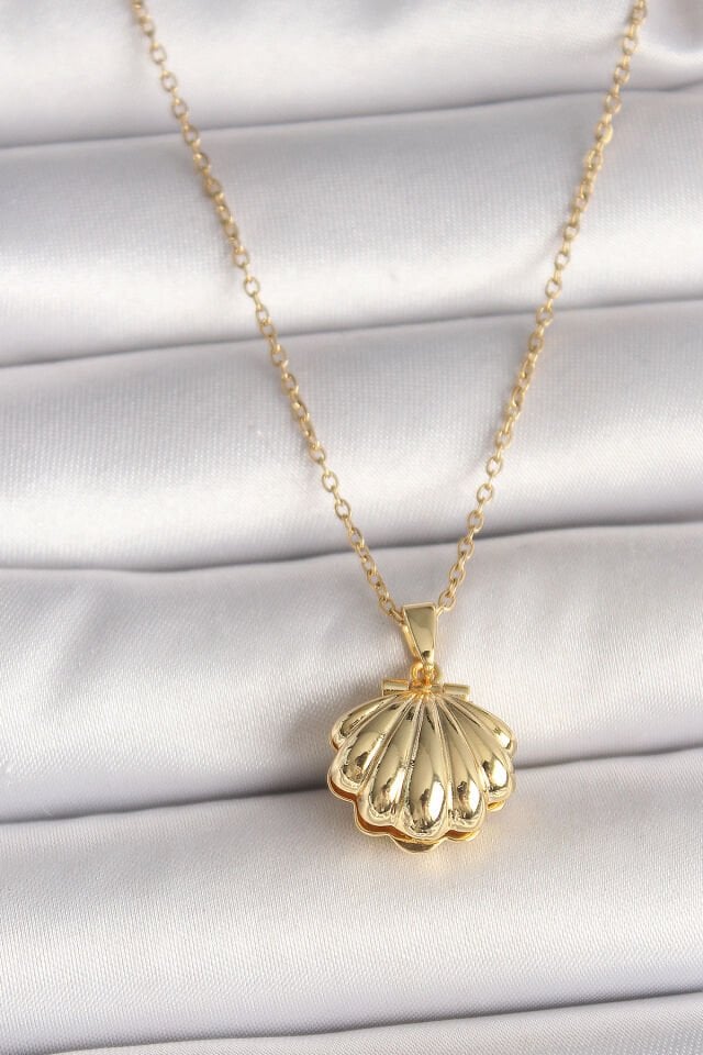 316L Çelik Gold Renk Zincir Açılır İncili Midye Model Kadın Kolye