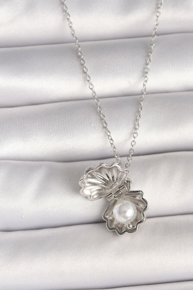 316L Çelik Gümüş Renk Zincir Açılır İncili Midye Model Kadın Kolye