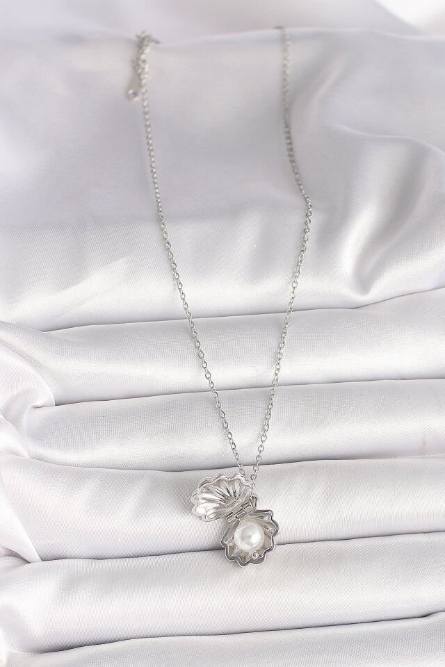 316L Çelik Gümüş Renk Zincir Açılır İncili Midye Model Kadın Kolye