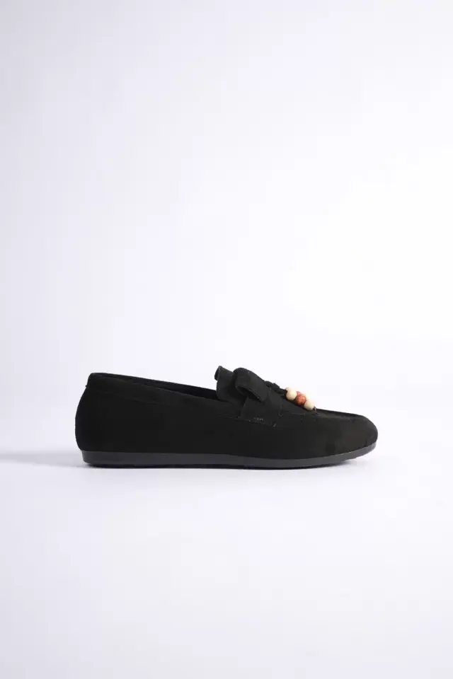 Kadın Siyah Süet Boncuk Detaylı Püsküllü Loafer Ayakkabı Rahat Günlük TR19MS03A