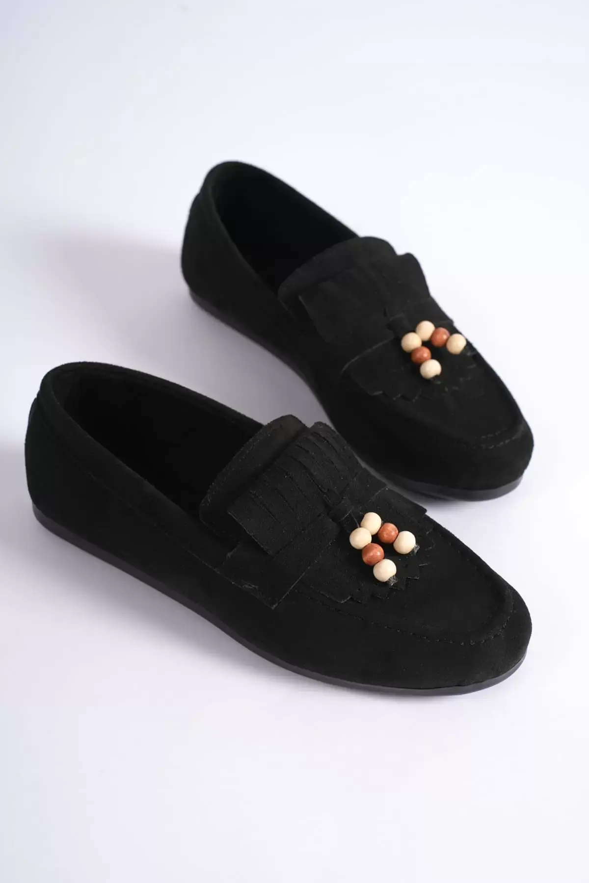 Kadın Siyah Süet Boncuk Detaylı Püsküllü Loafer Ayakkabı Rahat Günlük TR19MS03A