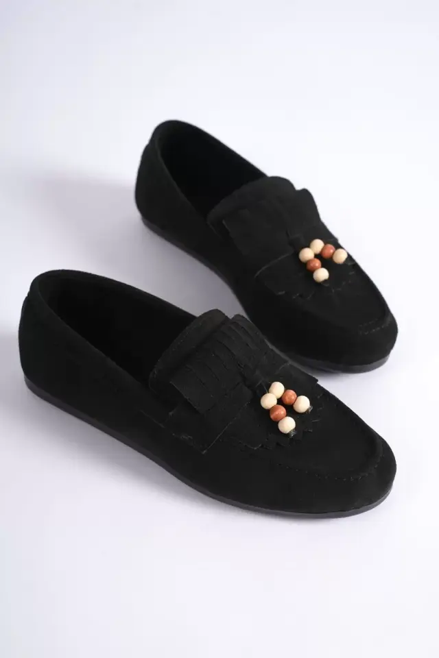 Kadın Siyah Süet Boncuk Detaylı Püsküllü Loafer Ayakkabı Rahat Günlük TR19MS03A