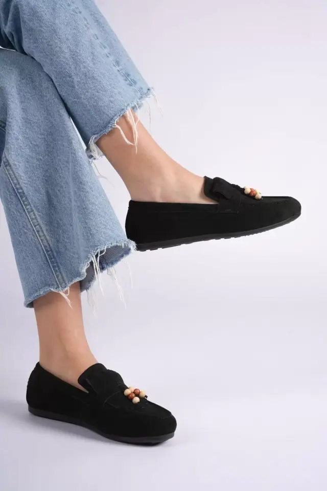 Kadın Siyah Süet Boncuk Detaylı Püsküllü Loafer Ayakkabı Rahat Günlük TR19MS03A