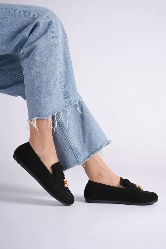 Kadın Siyah Süet Boncuk Detaylı Püsküllü Loafer Ayakkabı Rahat Günlük TR19MS03A