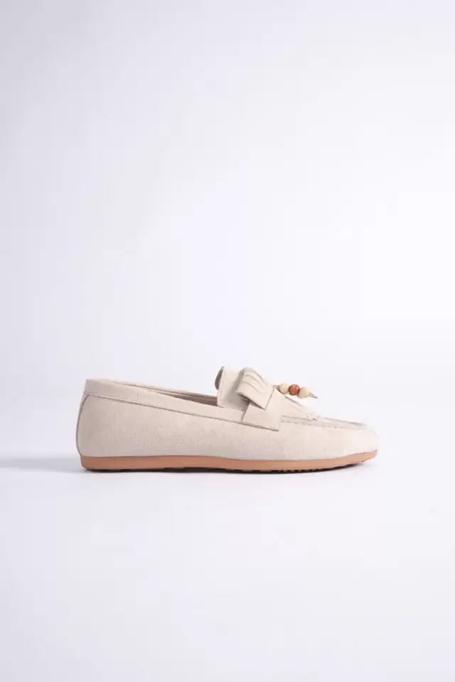 Kadın Bej Süet Boncuk Detaylı Püsküllü Loafer Ayakkabı Rahat Günlük TR19MS03B