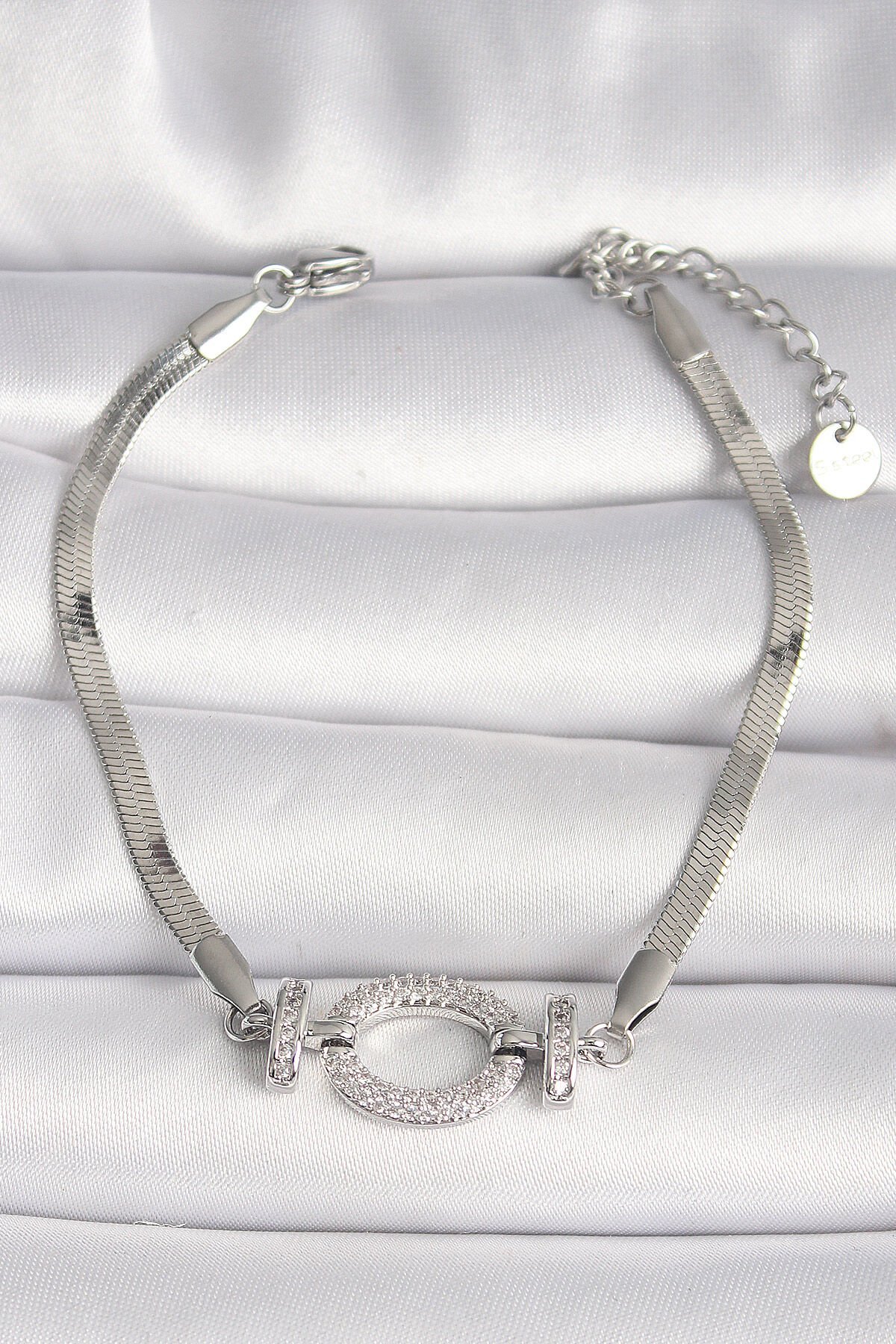 316L Çelik Gümüş Renk İtalyan Zincir Model Zirkon Taşlı Halka Figür Kadın Bileklik