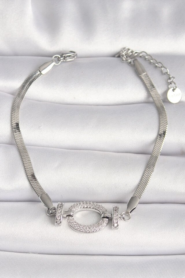 316L Çelik Gümüş Renk İtalyan Zincir Model Zirkon Taşlı Halka Figür Kadın Bileklik