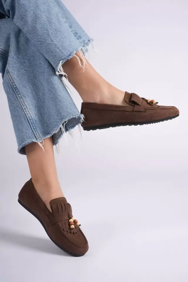 Kadın Acı Kahve Süet Boncuk Detaylı Püsküllü Loafer Ayakkabı Rahat Günlük TR19MS03C