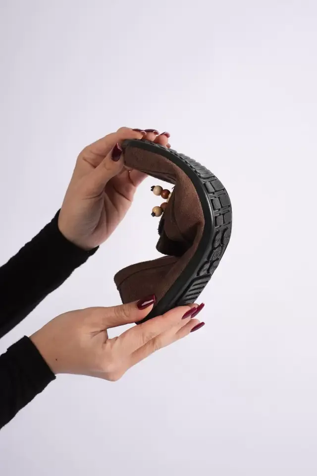 Kadın Acı Kahve Süet Boncuk Detaylı Püsküllü Loafer Ayakkabı Rahat Günlük TR19MS03C