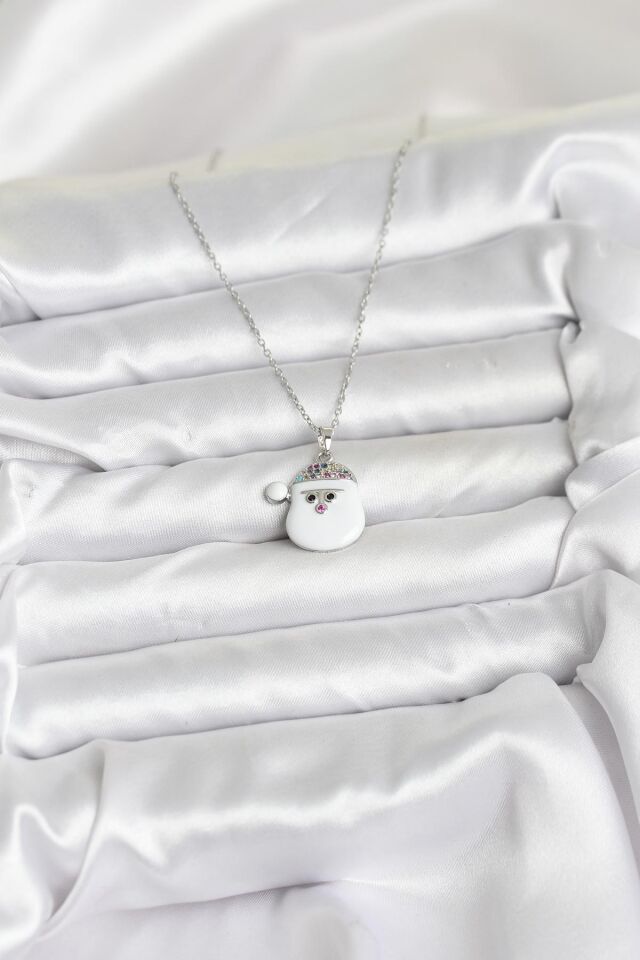 316L Çelik Zincir Gümüş Renk Şapkalı Kardan Adam Kafası Model Yılbaşı Temalı Kadın Kolye