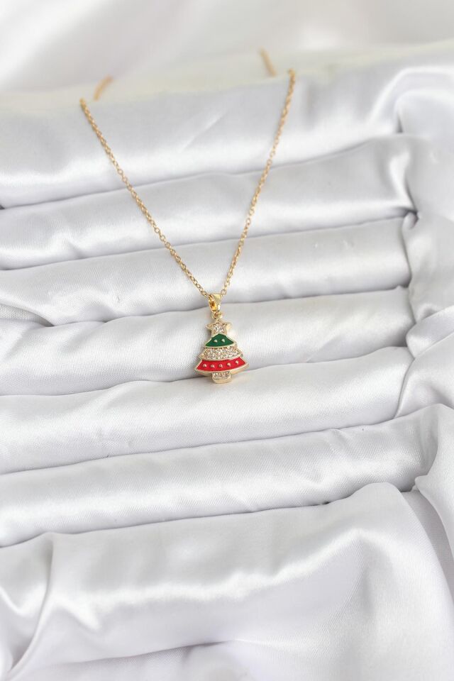 316L Çelik Zincir Gold Ren Çam Ağacı Model Zirkon Taşlı Yılbaşı Temalı Kadın Kolye