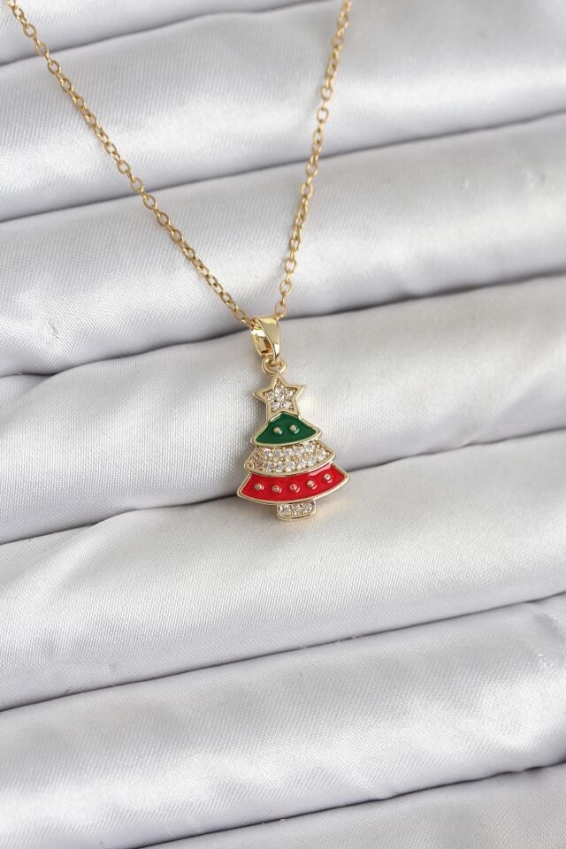 316L Çelik Zincir Gold Ren Çam Ağacı Model Zirkon Taşlı Yılbaşı Temalı Kadın Kolye