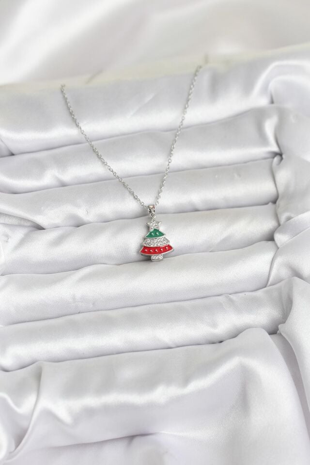 316L Çelik Zincir Gümüş Ren Çam Ağacı Model Zirkon Taşlı Yılbaşı Temalı Kadın Kolye