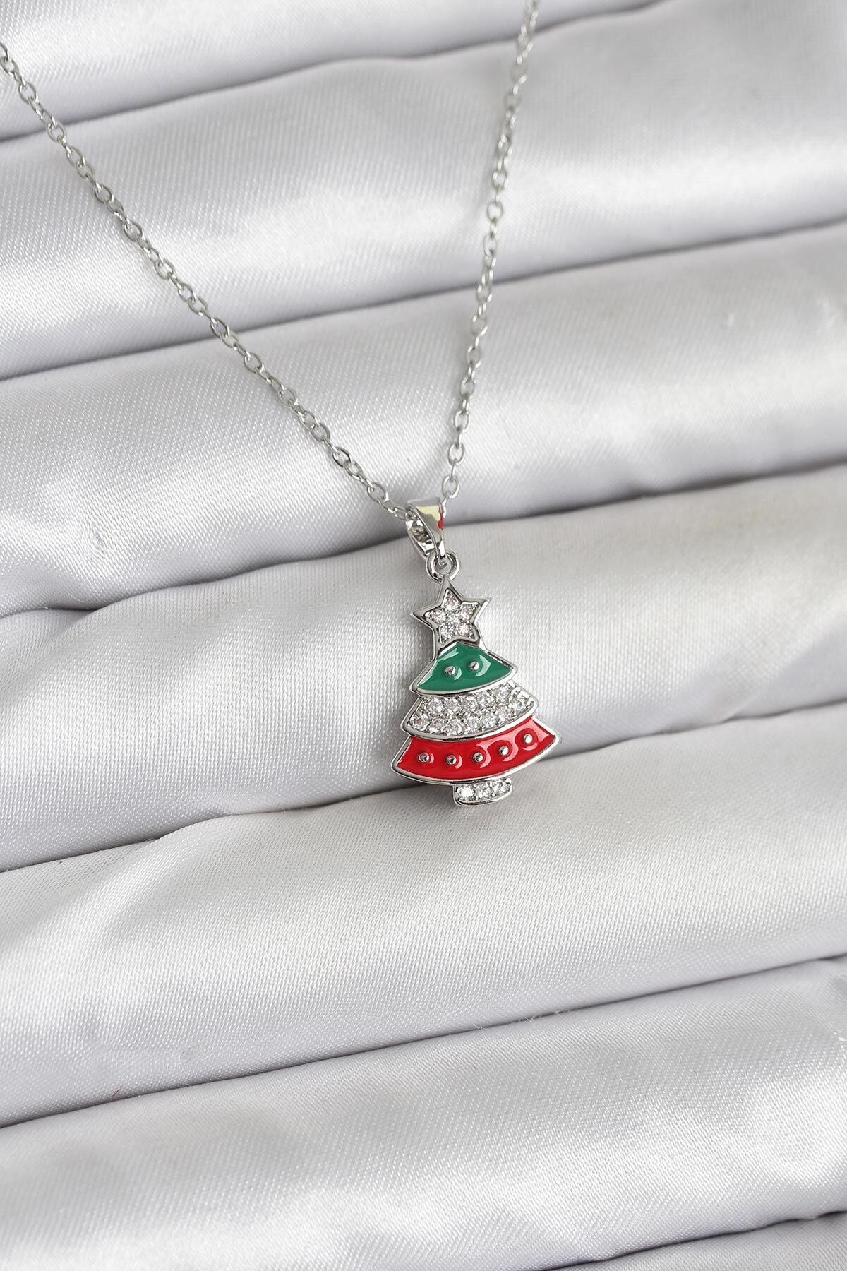 316L Çelik Zincir Gümüş Ren Çam Ağacı Model Zirkon Taşlı Yılbaşı Temalı Kadın Kolye