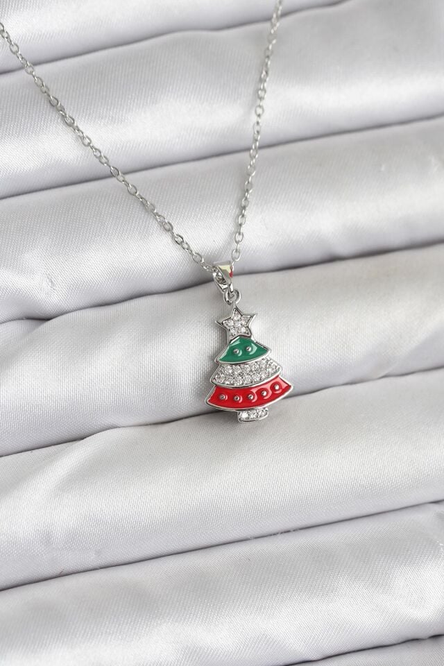 316L Çelik Zincir Gümüş Ren Çam Ağacı Model Zirkon Taşlı Yılbaşı Temalı Kadın Kolye
