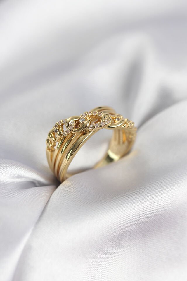 Gold Renk Zirkon Taşlı Zincir Model Kadın Yüzük