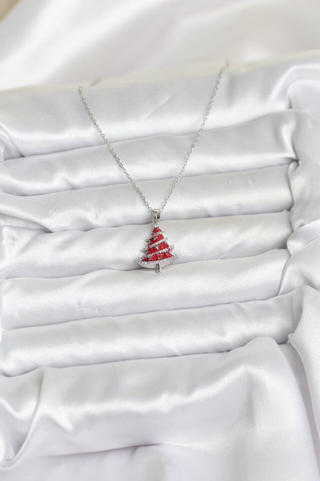 316L Çelik Zincir Gümüş Renk Kırmızı Çam Ağacı Model Yılbaşı Temalı Kadın Kolye