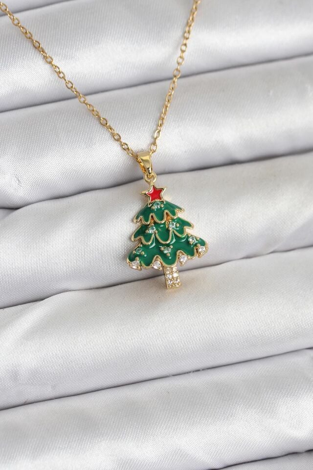 316L Çelik Zincir Gold Renk Çam Ağacı Model Yılbaşı Temalı Kadın Kolye