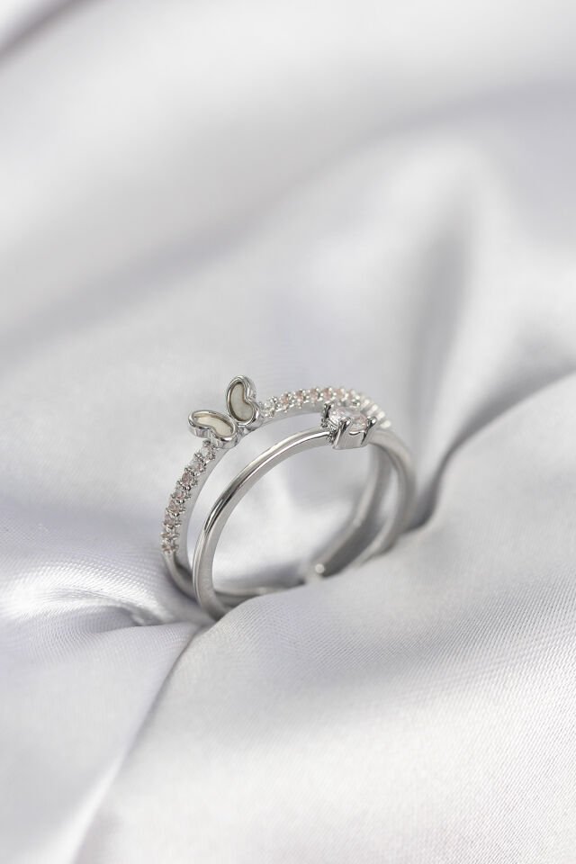 Gümüş Renk 2'li Zirkon Taşlı Kelebek Model Kadın Yüzük