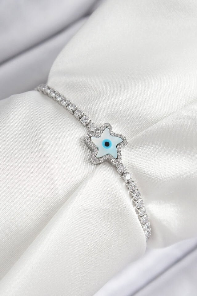 Pirinç Zirkon Taşlı Nazar Yıldız Model Gümüş Renk Asansörlü Kadın Bileklik