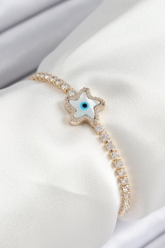 Pirinç Zirkon Taşlı Nazar Yıldız Model Gold Renk Asansörlü Kadın Bileklik
