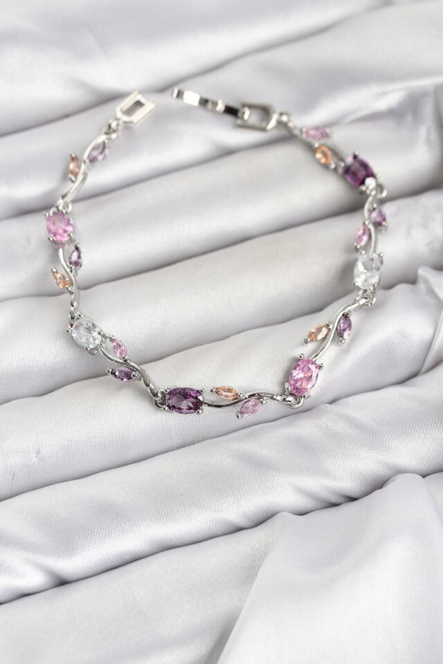 Pirinç Gümüş Renk Pembe ve Mor Zirkon Taşlı Çiçek Model Kadın Bileklik