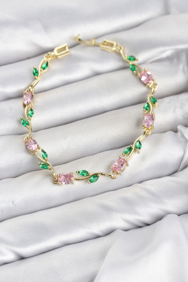 Pirinç Gold Renk Pembe Zirkon Taşlı Çiçek Model Kadın Bileklik
