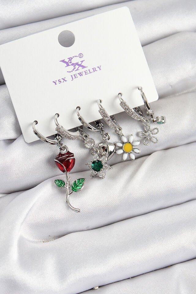 Pirinç Zİrkon Taşlı Gül Ve Papatya Model Gümüş Renk 3'lü Çift Kadın Küpe