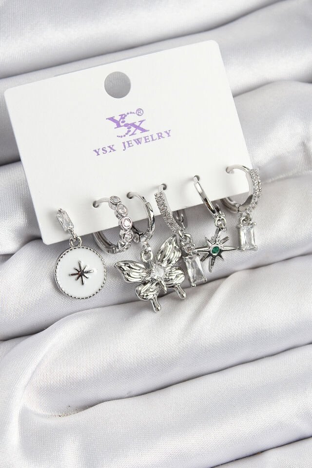 Pirinç Zİrkon Taşlı Kelebek ve Yıldız Model Gümüş Renk 3'lü Çift Kadın Küpe