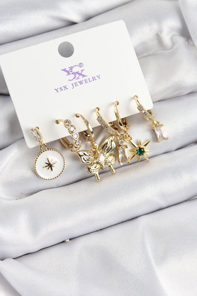 Pirinç Zİrkon Taşlı Kelebek ve Yıldız Model Gold Renk 3'lü Çift Kadın Küpe