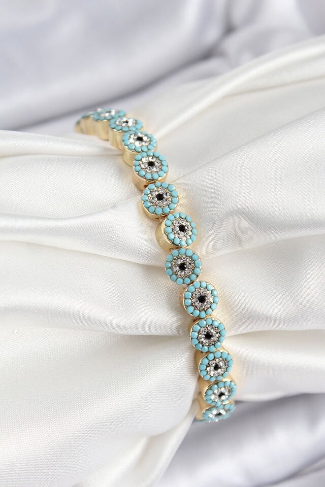 Pirinç Zirkon Taşlı Turkuaz Nazar Model Gold Renk Lastikli Kadın Bileklik