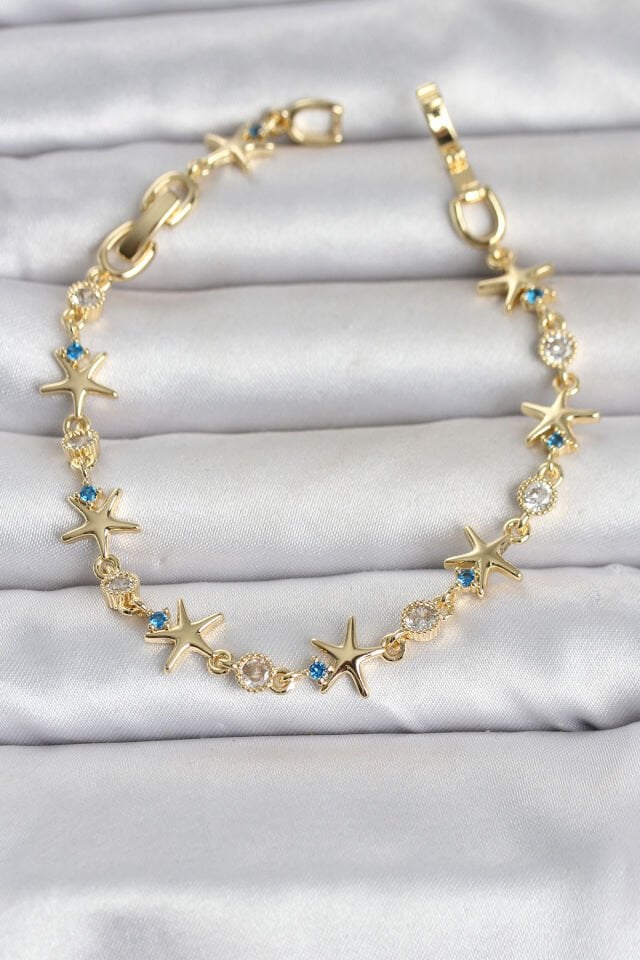 Pirinç Gold Renk Sıralı Deniz Yıldızı Model Kadın Bileklik