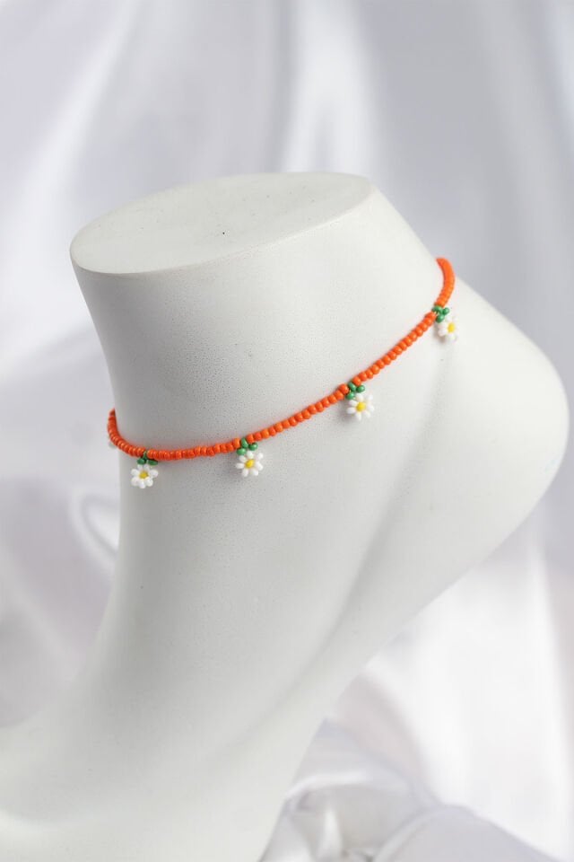 Turuncu Renk Boncuklu Papatya Motifli Halhal