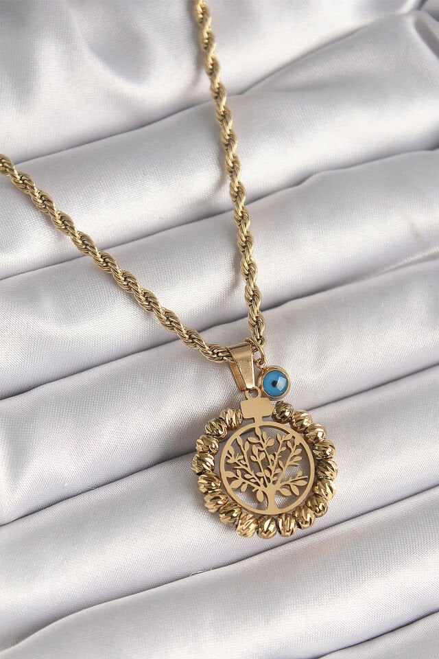 316L Çelik Gold Renk Burgu Zincir Dorika Yaşam Ağacı Figür Nazar Boncuk Detay Kadın Kolye