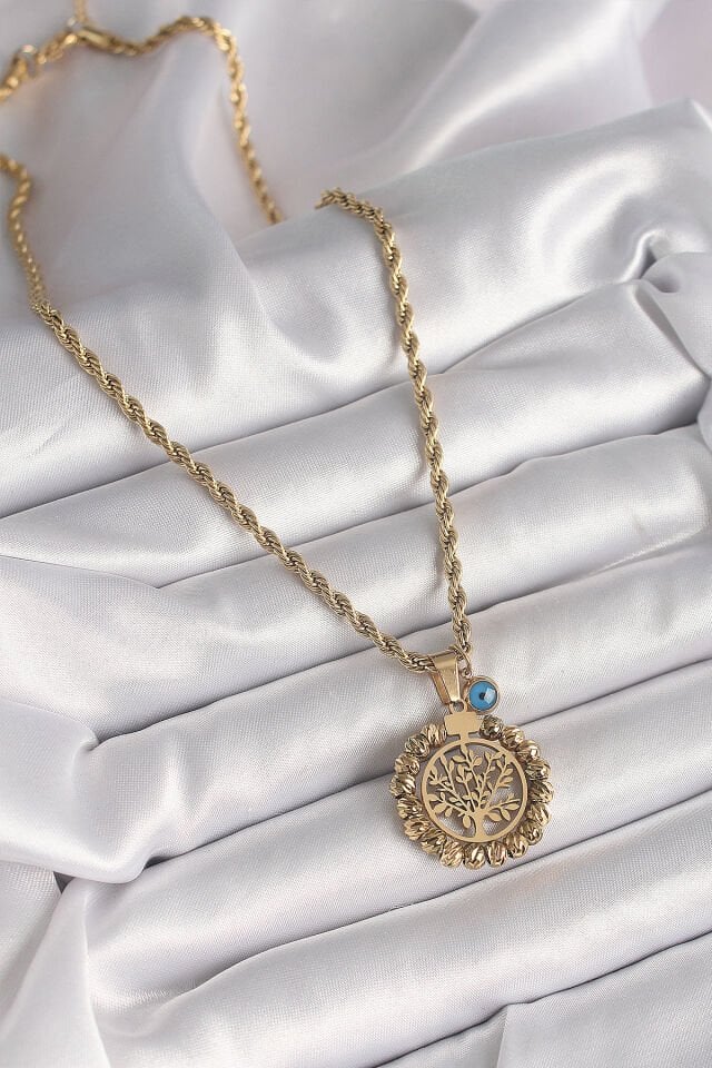 316L Çelik Gold Renk Burgu Zincir Dorika Yaşam Ağacı Figür Nazar Boncuk Detay Kadın Kolye