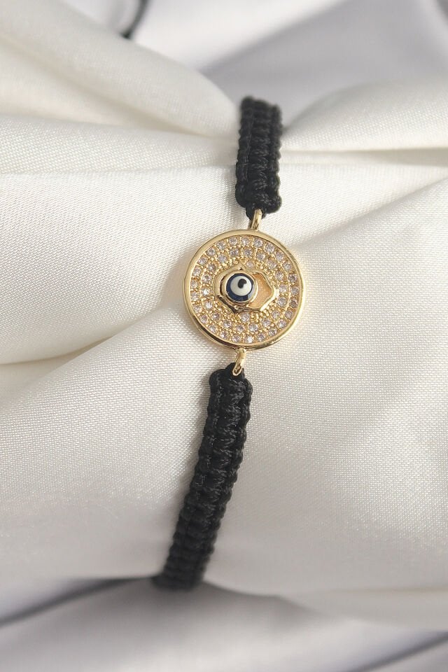 Pirinç Gold Renk Zirkon Taşlı Nazar Boncuk İşleme Makrome Asansörlü Model Kadın Bileklik