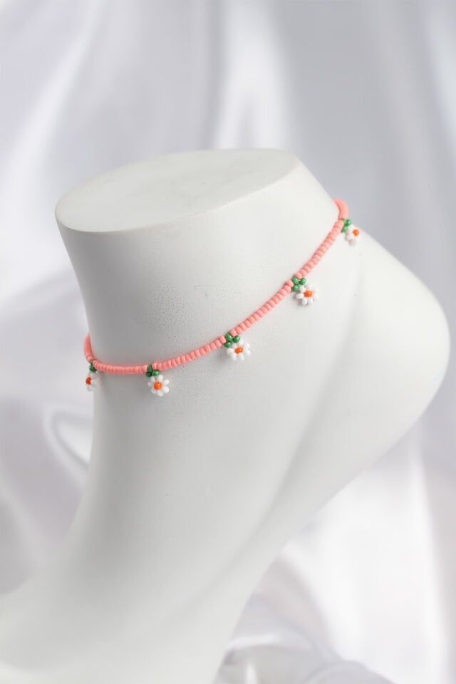 Pembe Renk Boncuklu Papatya Motifli Halhal