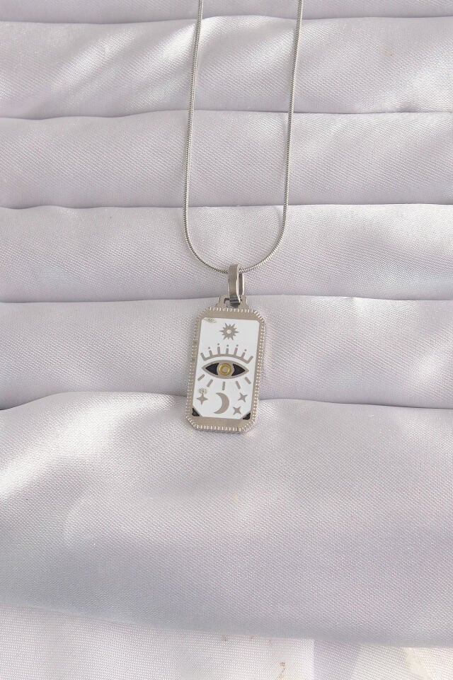316L Çelik Gümüş Renk Beyaz Mineli Göz Figür Tarot Kolye